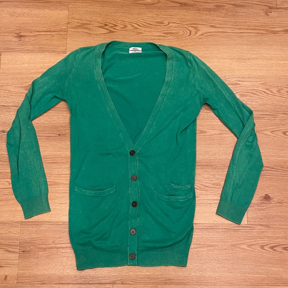 Wallace by Madewell Sunwashed Green Button-Up Cardigan with Front Pockets.